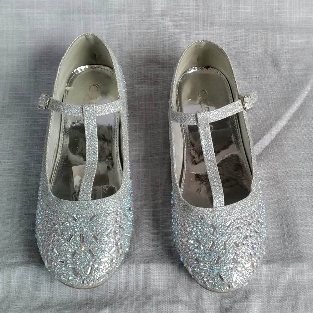 GIRLS SILVER RHINESTONE FLAT DRESSY SHOES BIG KIDS SIZE 4